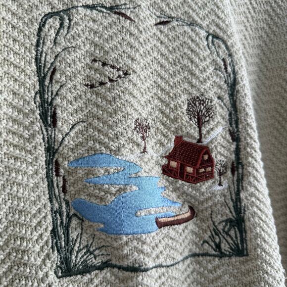 Vintage Sweater Womens XL 90s Herringbone Knit Snowy Cabin Embroidered Logdecore - Picture 6 of 7